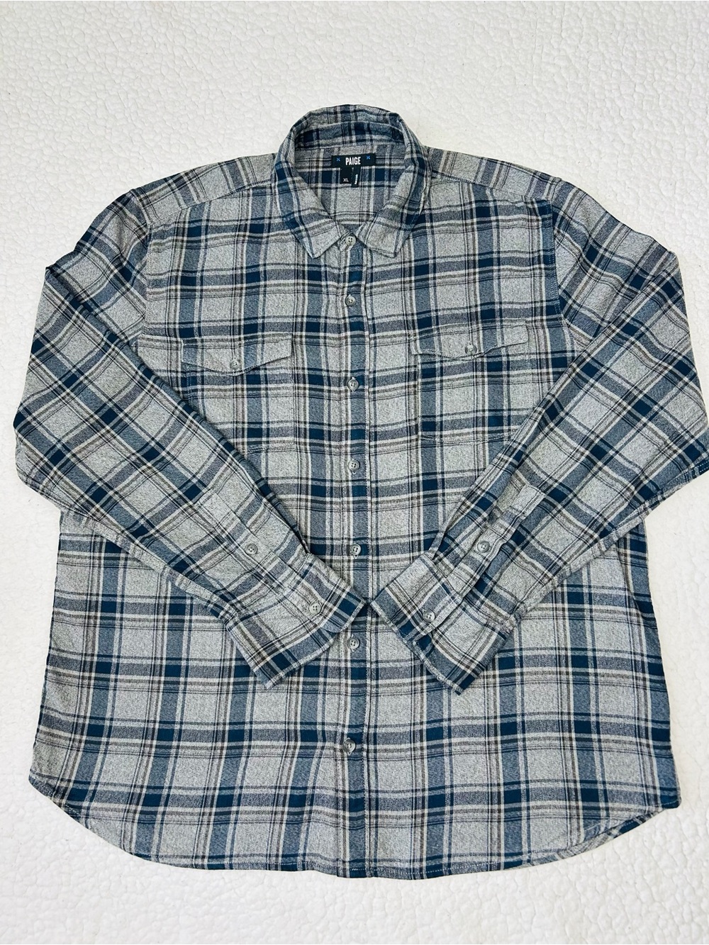 Paige Button Down Men's XL Charcoal Sky Plaid Pockets Light Flannel Long Sleeve